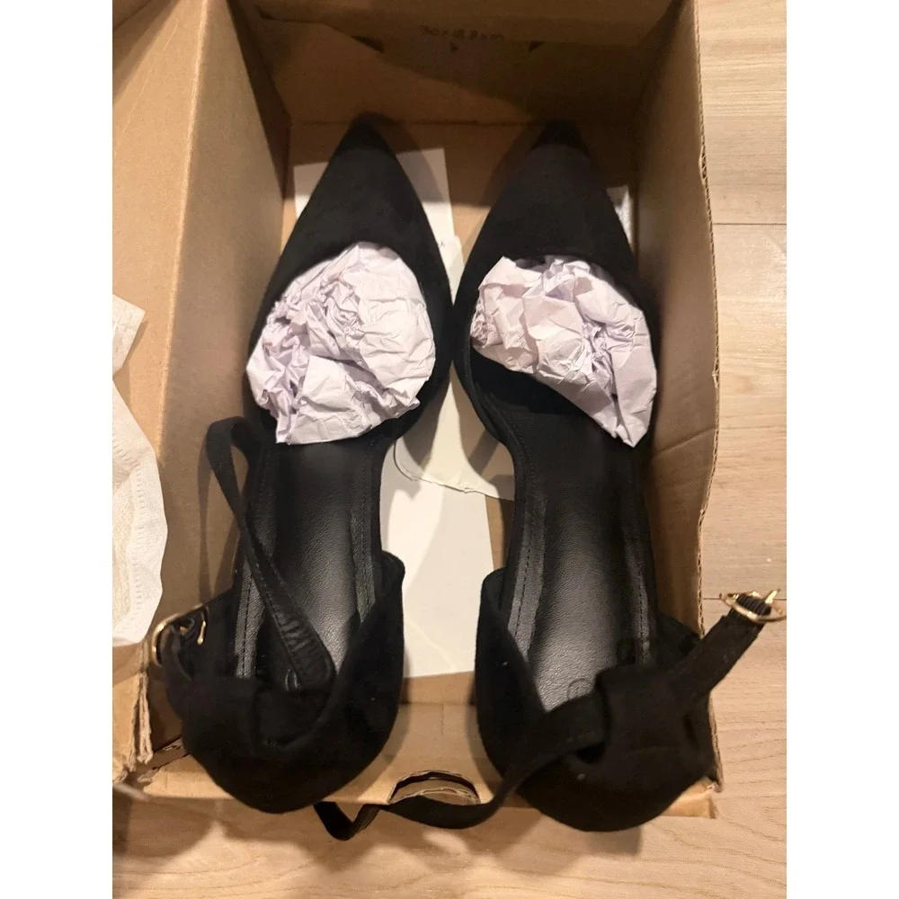 Juliet Holy Black Pointed Toe D'Orsay Ankle Strap Flared Heel Pumps Women's 11